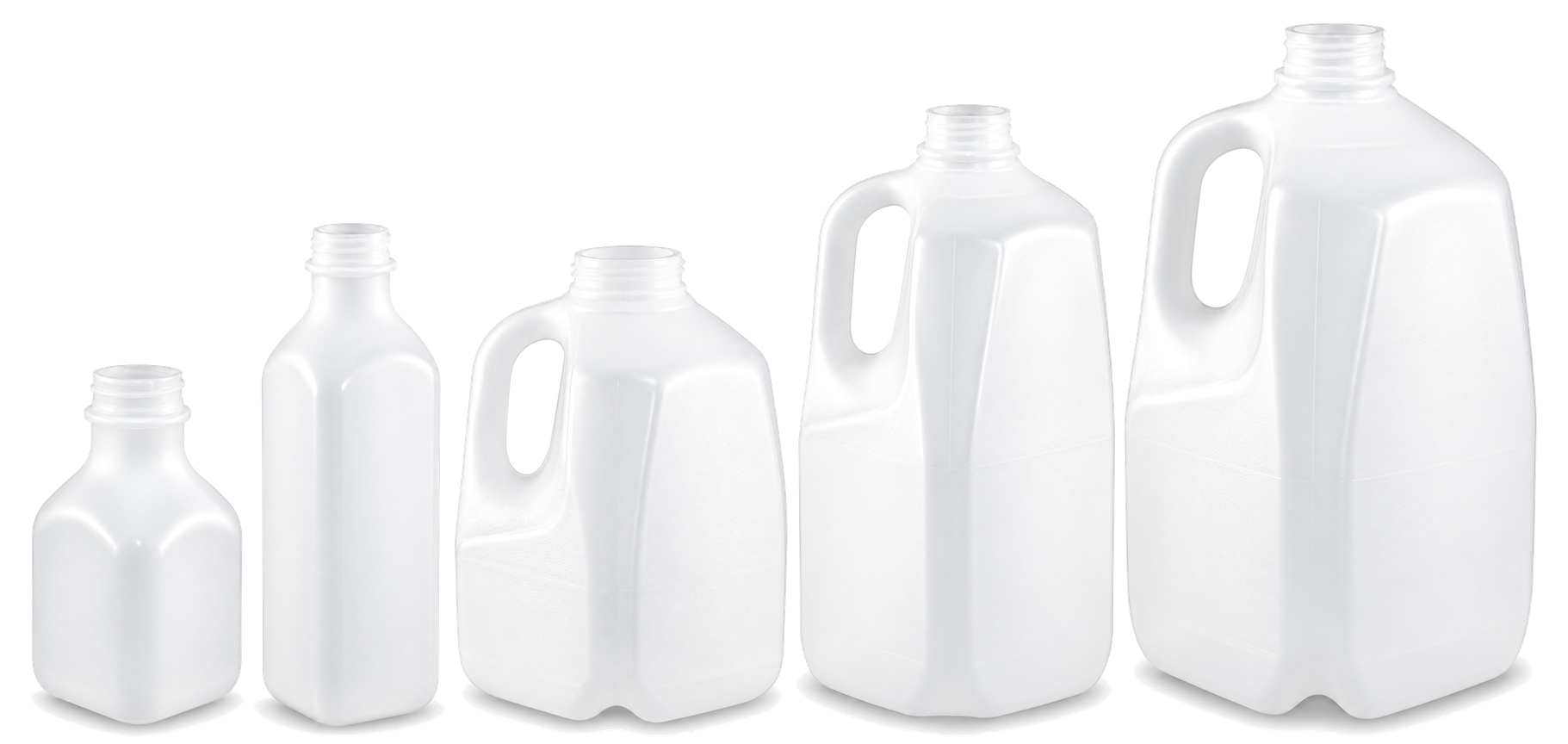 Full plastic jug lineup - 8 oz Small Serve, 16 oz Pint, 32 oz Squat Quart, 64 oz Half Gallon, 128 oz Gallon