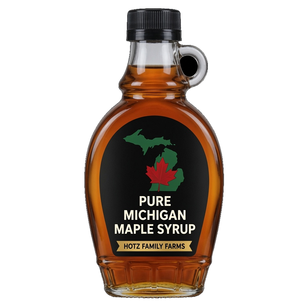 Hotz Family Farms 16 oz Pint pure Michigan maple syrup bottle