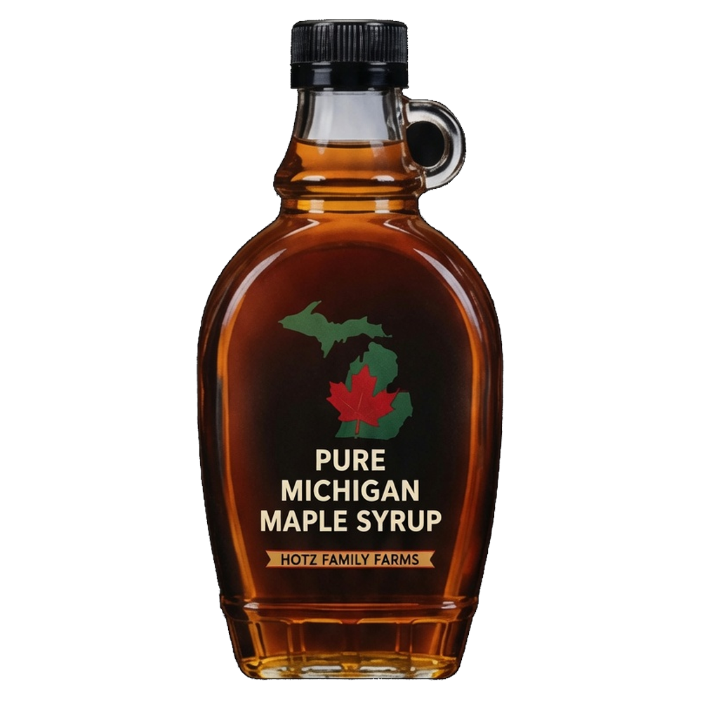 Hotz Family Farms 32 oz Quart pure Michigan maple syrup bottle