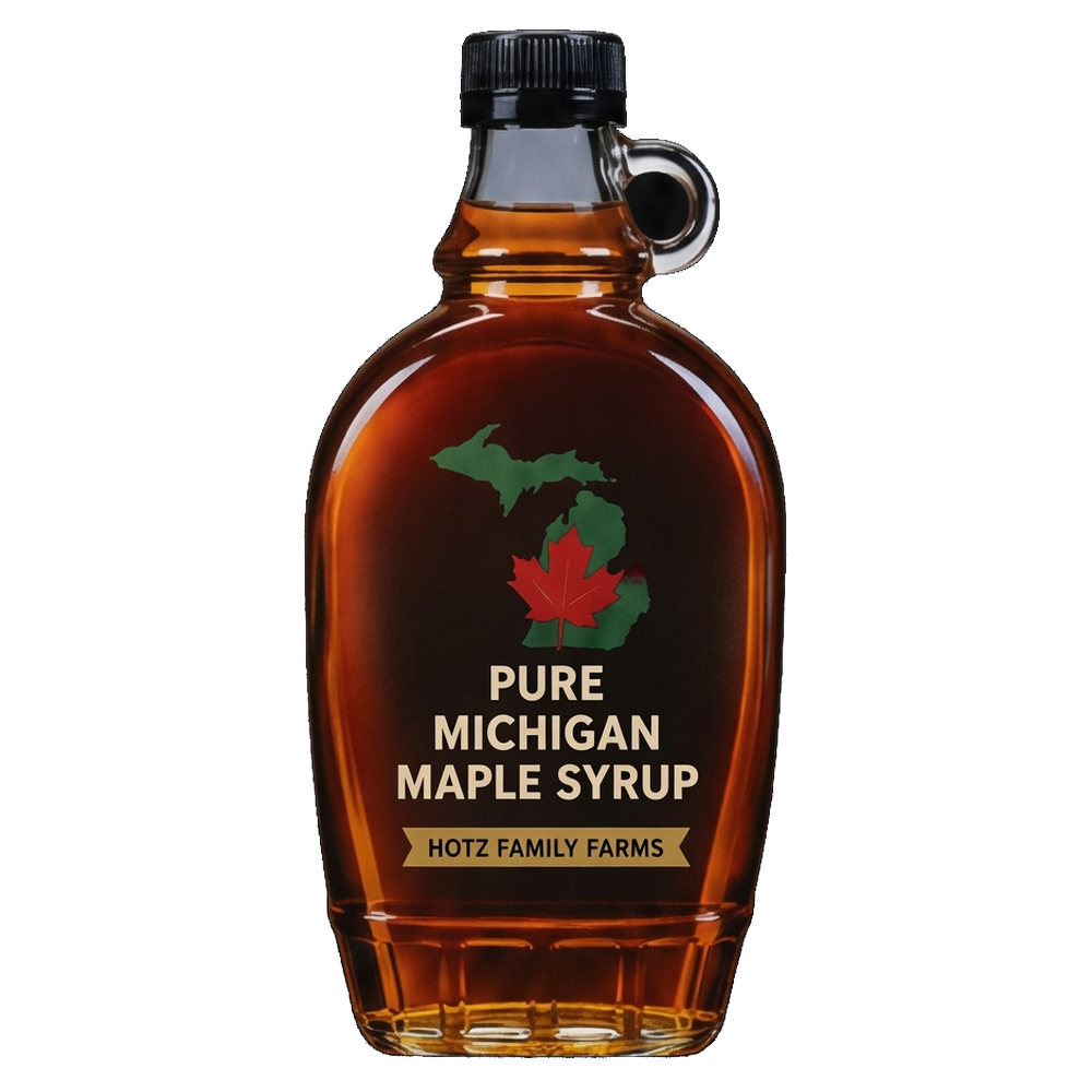 Hotz Family Farms 64 oz Half Gallon pure Michigan maple syrup bottle