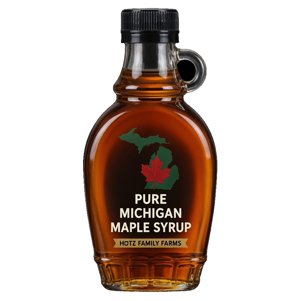 Hotz Family Farms 8 oz Small Serve pure Michigan maple syrup bottle
