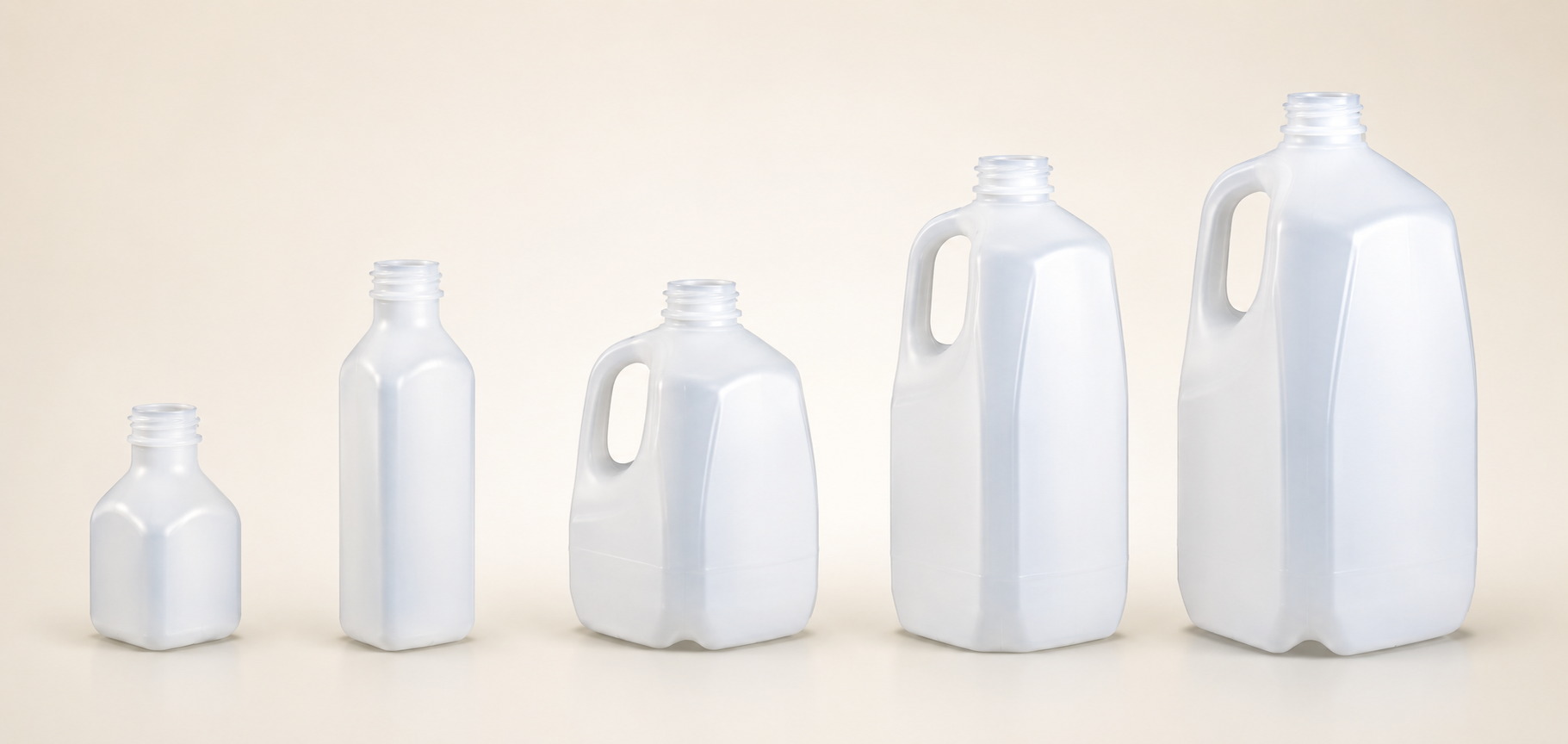 Full plastic jug lineup — 8 oz Small Serve, 16 oz Pint, 32 oz Squat Quart, 64 oz Half Gallon, 128 oz Gallon
